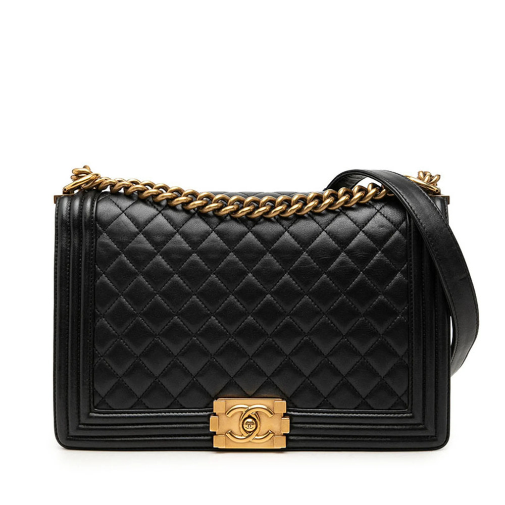 Chanel Coco Mark Boy 28 Chain Shoulder Bag A92193 Black Gold Lambskin Women's...